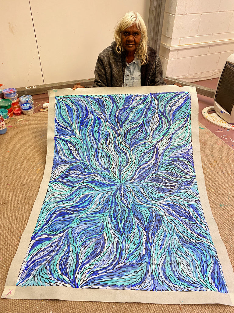 Bush Medicine Leaves Blue/Green (I) by Rosemary Pitjara 90 x 120cm